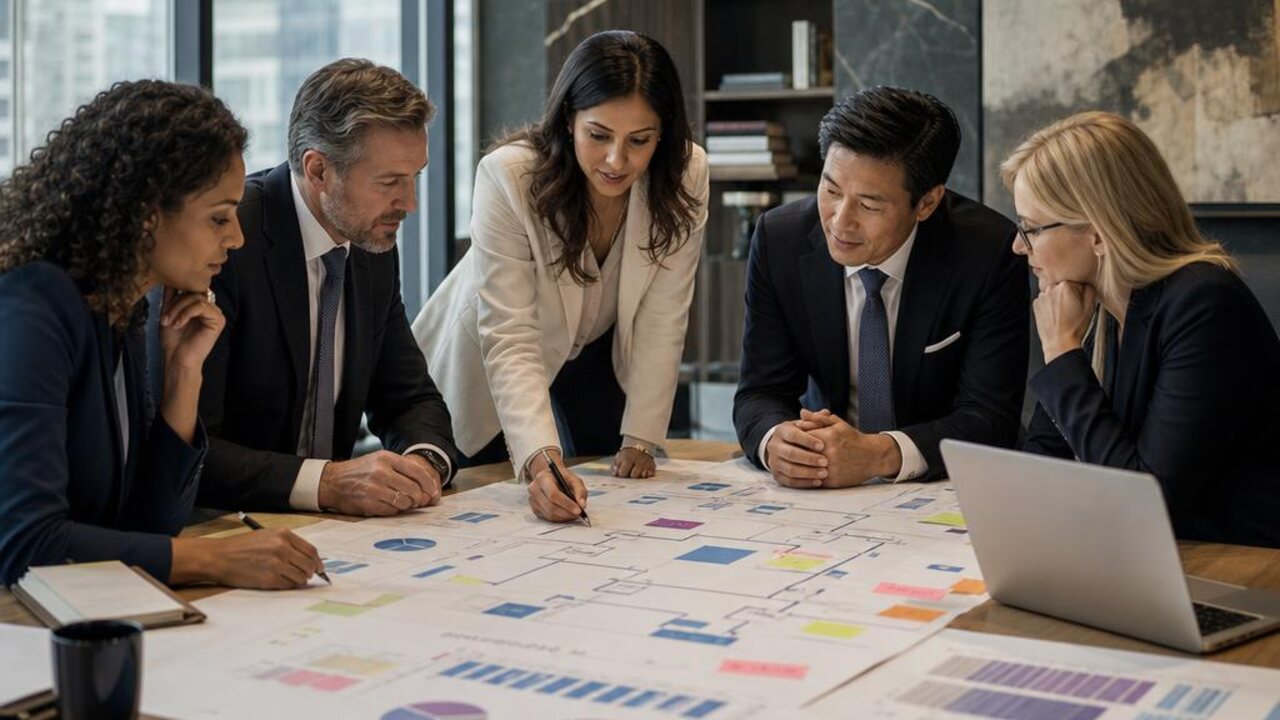 Approachable small law firm team actively working together on how a law firm c-suite works together on a growth plan