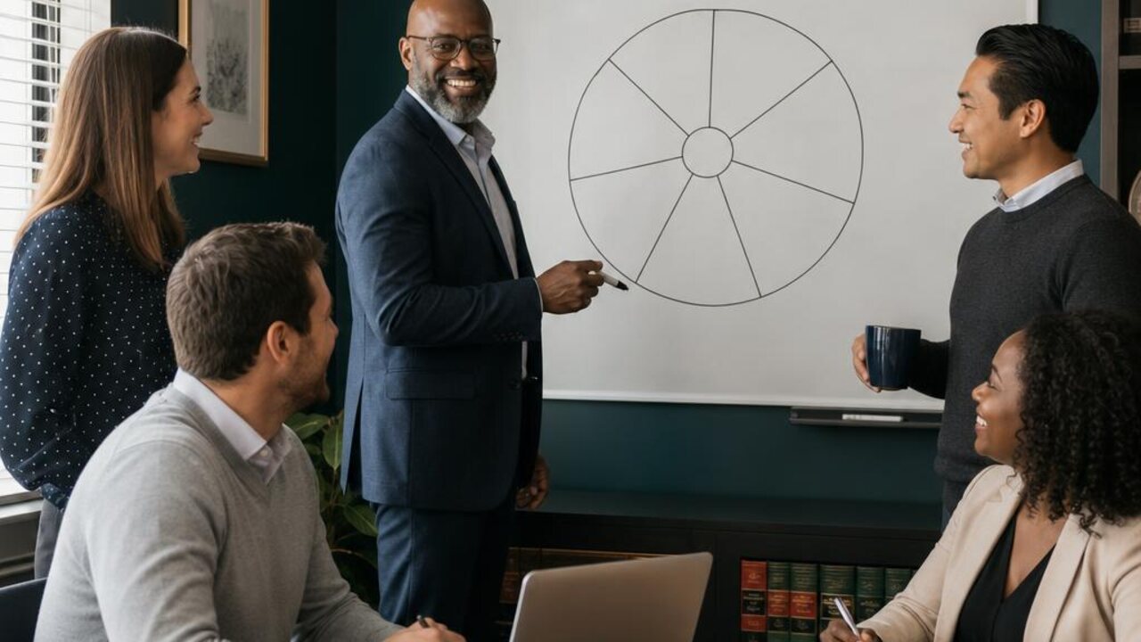 Approachable small law firm team actively working together on the 7 main parts of a successful law firm